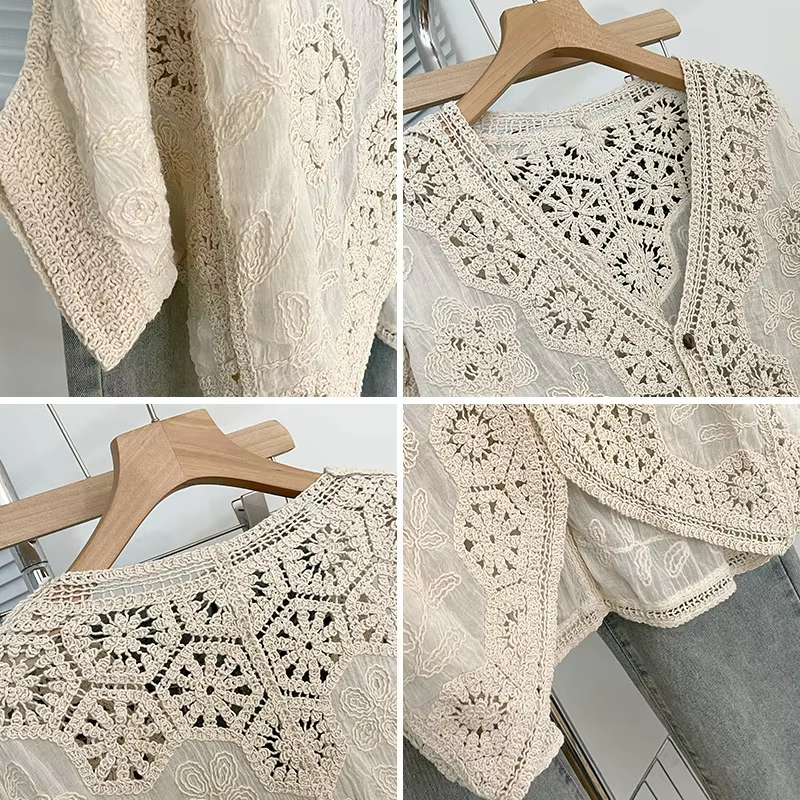 Cardigan en crochet bohème - Couverture en dentelle florale et géométrique romantique pour les vacances et le quotidien |   Tricot léger à col en V et boutons