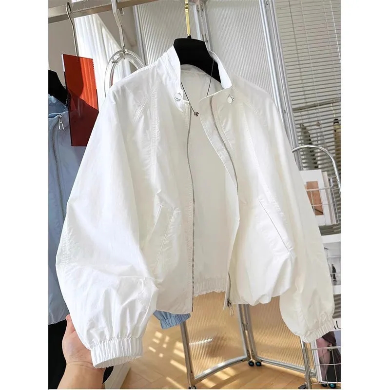 Manteau court blanc pour femme, nouvelle collection Printemps-Automne 2026, vêtement de protection solaire fin, veste décontractée à col montant avec fermeture éclair pour femme