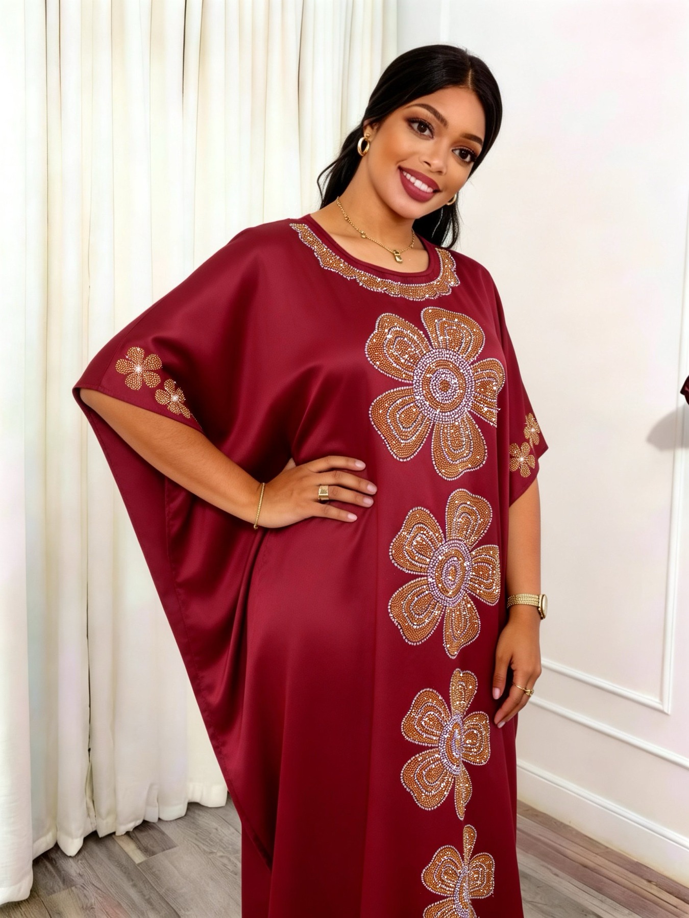 Abaya grande taille pour femmes, robe traditionnelle du Moyen-Orient avec écharpe, vêtements islamiques imprimés avec des strass et des paillettes, grande taille