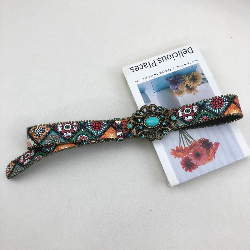 Ceinture à boucle turquoise perlée imprimée de style bohème européen et américain – Ceinture de taille pour femme tendance, polyvalente et à la mode