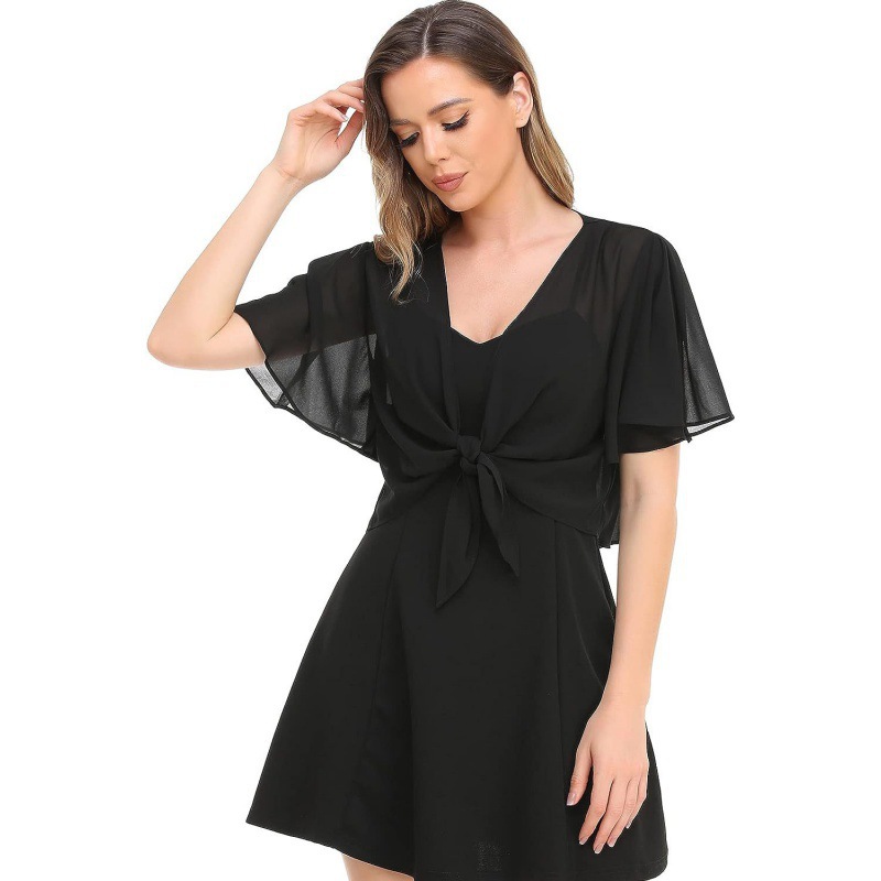 2025 Europe et états-unis nouveau chemisier pour femmes couleur unie cardigan à manches courtes mince cape en mousseline de soie attaché et attaché cape