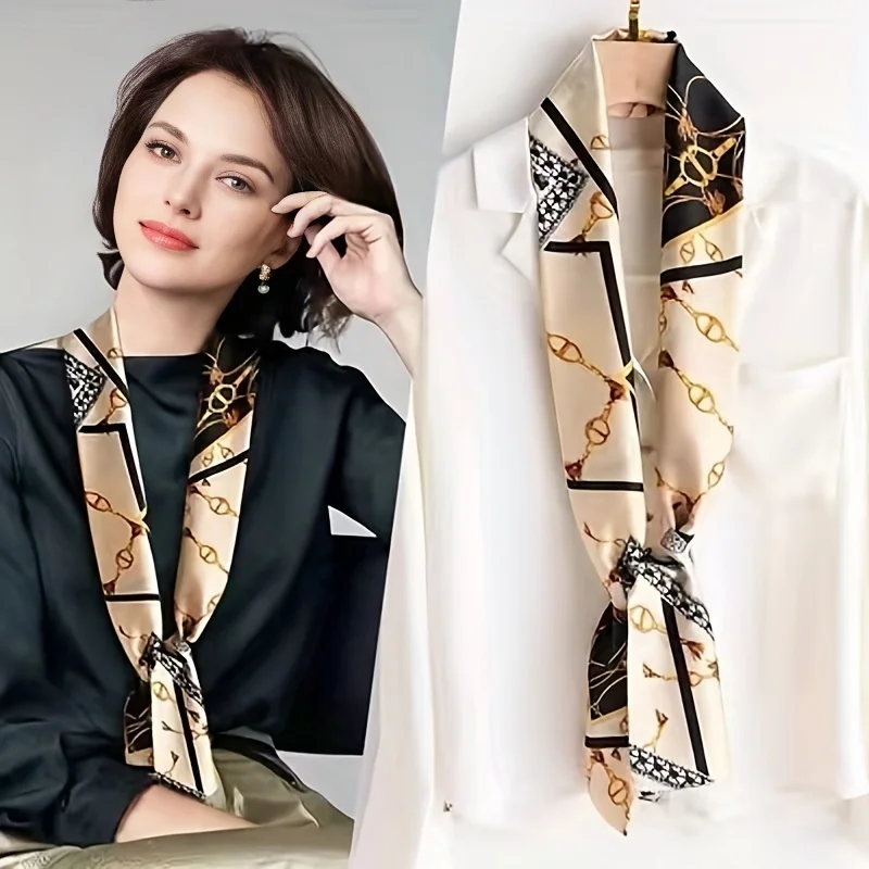 Nouveau foulard en soie imprimé pour femmes, châle, mode, luxe, long, étroit, petit foulard en soie, bandeau pour femmes, foulard de tête