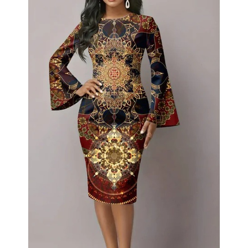 Robe élégante pour soirée, robe moulante mi-longue à imprimé graphique noir et blanc avec manches évasées spectaculaires, robe moderne pour soirée en ville