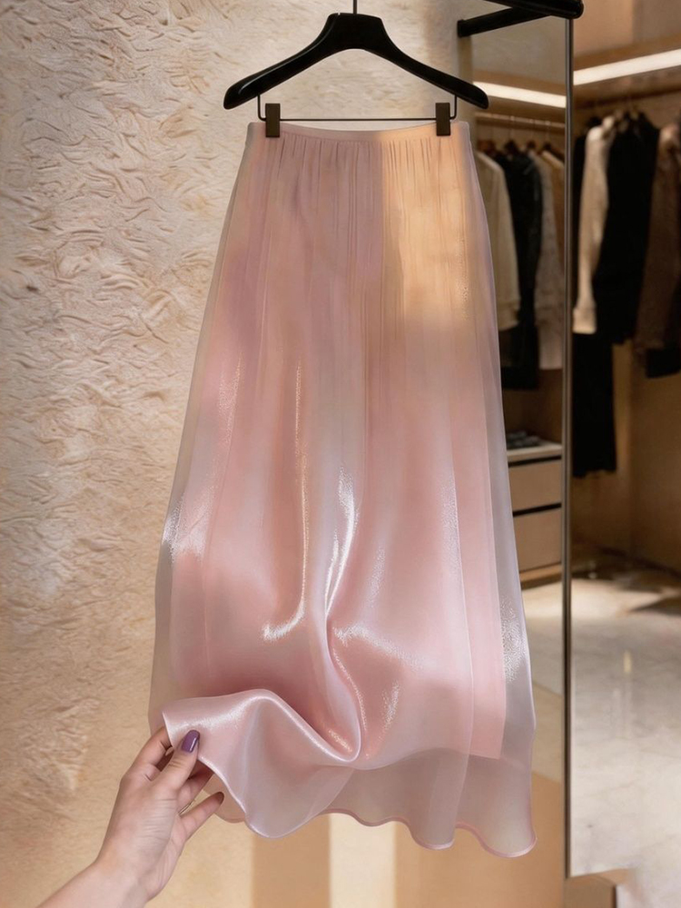 Jupe longue rose élégante pour femme, style doux et tendance, en tissu perlé, coupe ample, taille haute, chic d'été, style preppy, jupe de danse Ins