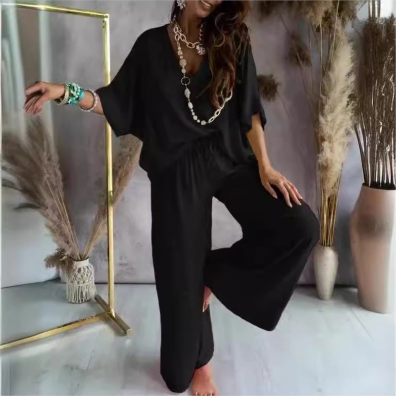 Ensembles de pantalons à jambes larges pour femmes, col en V, manches chauve-souris, tenues de maison monochromes, décontracté, été, 2024, 2 pièces