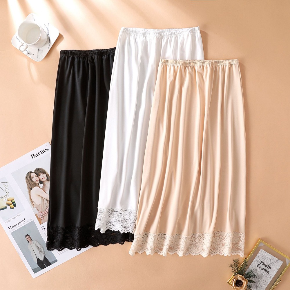 Jupe courte en soie glacée fine et modal pour femme, avec dentelle anti-transparence, taille haute élastique, couleur unie