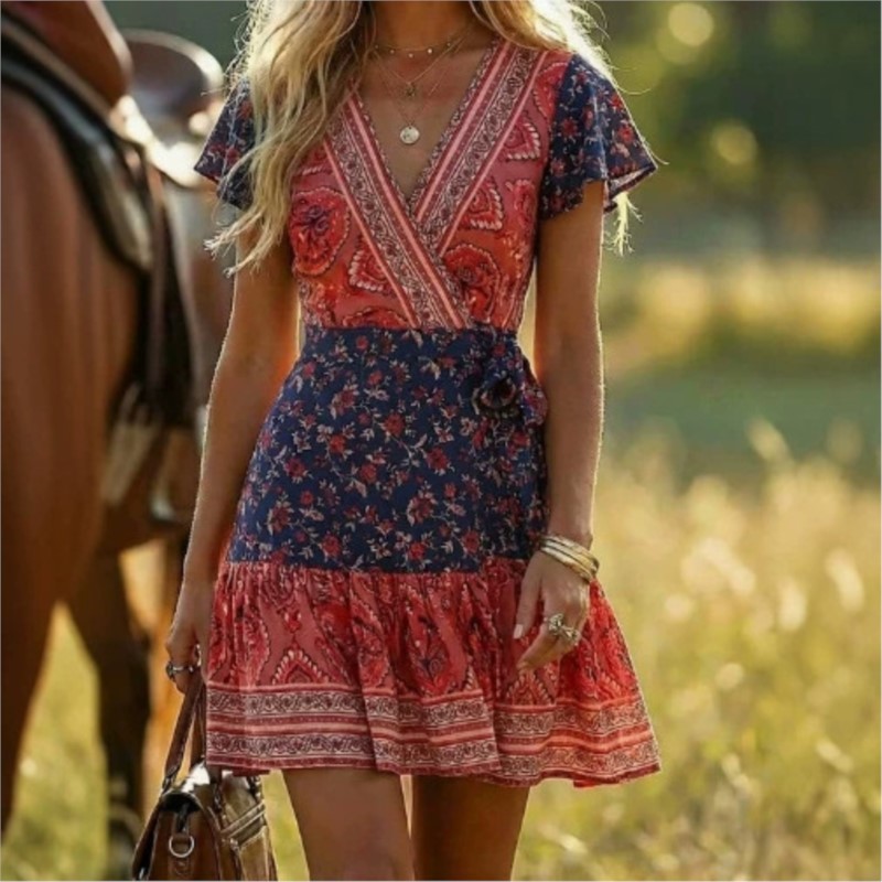 Robe Courte Plissée Vintage Bohème Imprimée pour Femme, Col en V, Manches Courtes, Taille Haute, Idéale pour les Vacances Décontractées – Collection Été 2026