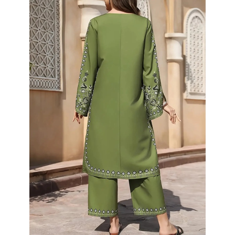 Ensemble Salwar Chic Bohème 2 Pièces, Imprimé Ethnique, Léger et Non Transparent, Mode Ramadan avec Poignets et Ourlet Évasés pour Femme, Idéal pour l'Extérieur