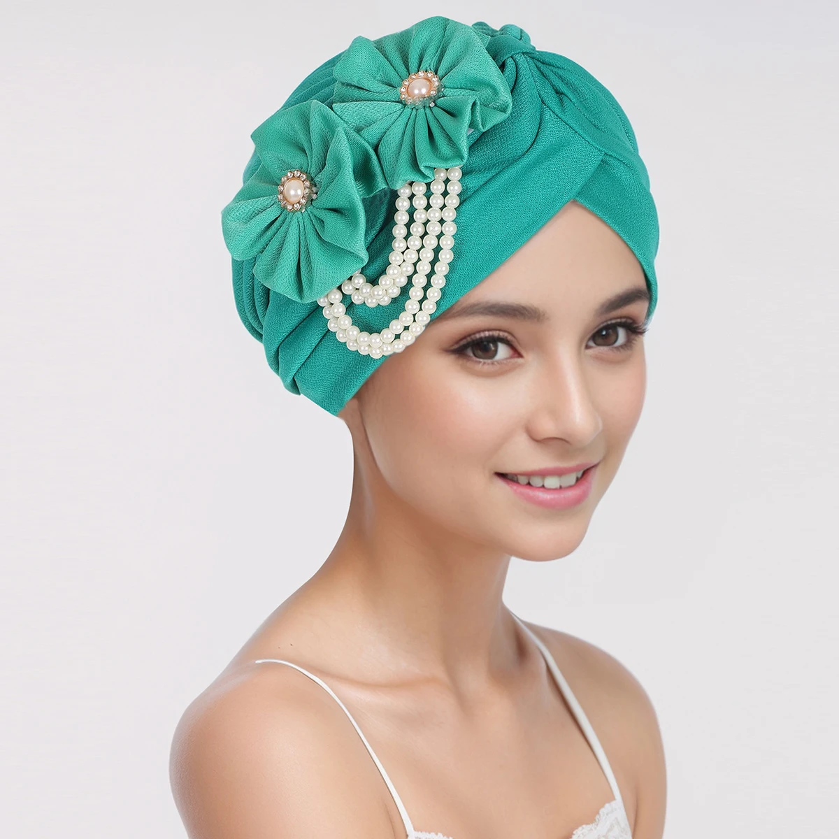 Foulard de Sauna Musulman pour Femme, Design Floral, Bonnet Perte de Cheveux, Turban avec Perles