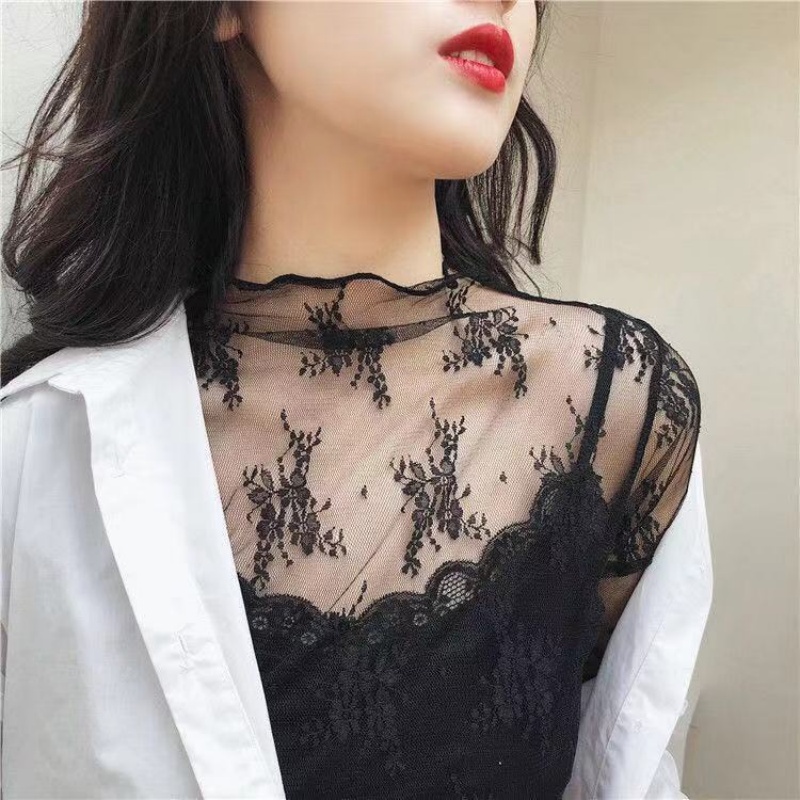 Chemisier à fond en dentelle à col mi-haut pour femme, t-shirt à manches longues, haut court en maille creuse, style occidental sexy, printemps et automne