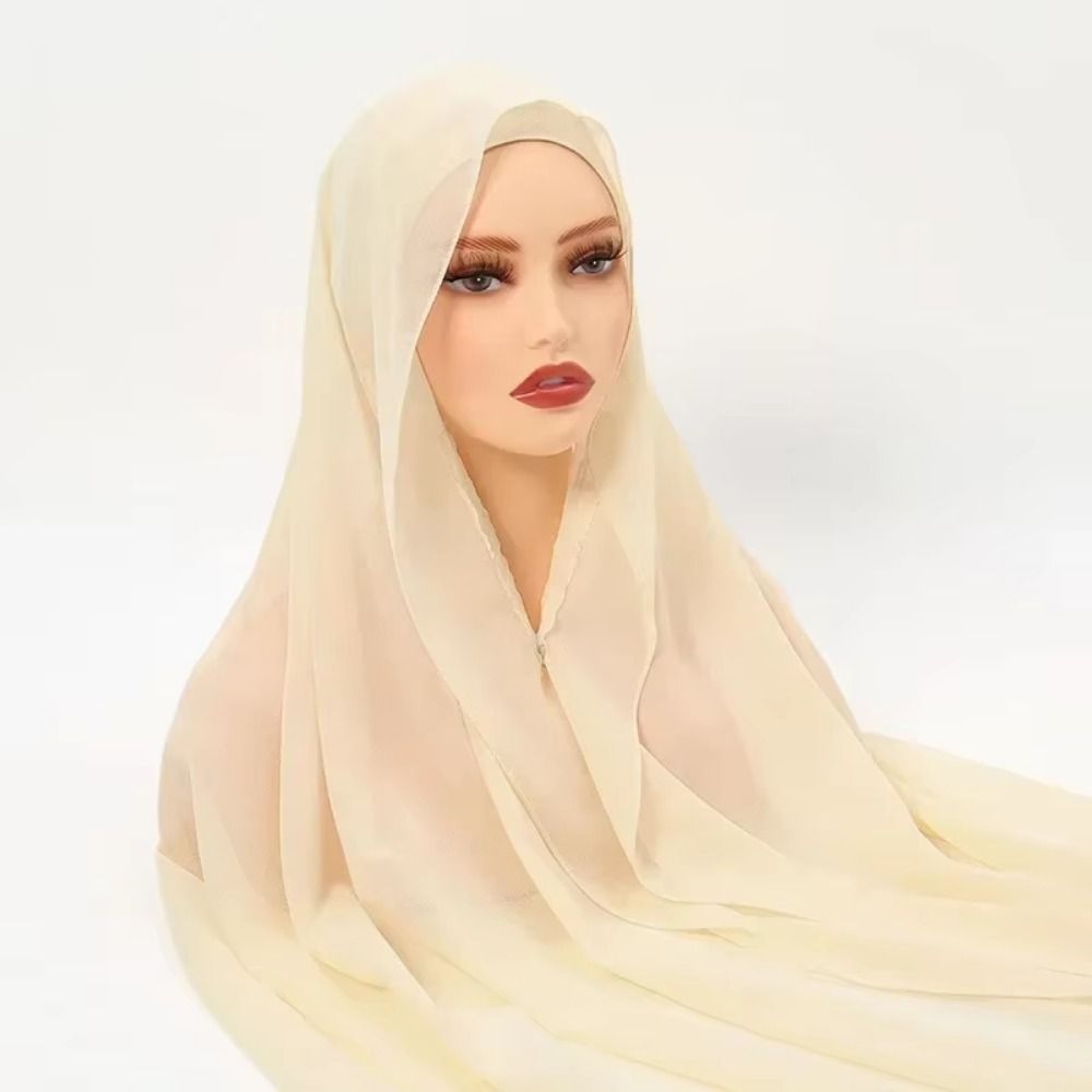 Hijab instantané 2-en-1 en mousseline avec aimants intégrés, couleur unie, long foulard musulman avec sous-bonnet, couvre-chef islamique confortable