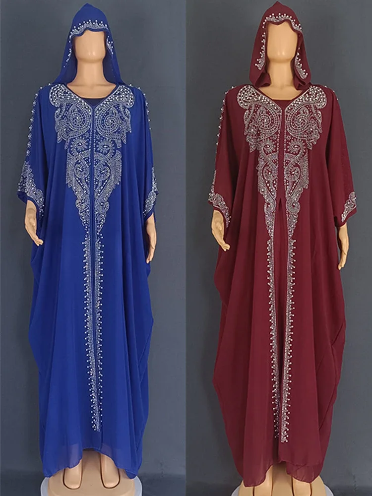 Eid Robe musulmane pour femmes à capuche Abaya 2 pièces ensemble diamant Jalabiya Maroc robes de soirée dubaï Abayas caftan Robe longue Robe