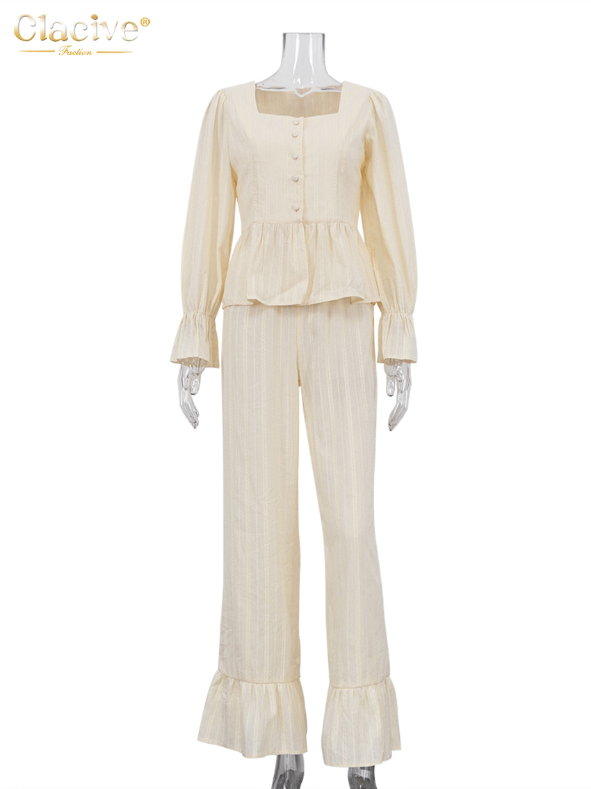 Clacive mode ample Beige coton 2 pièces ensemble femmes élégant à manches longues chemise avec taille haute large pantalon ensemble femme vêtements