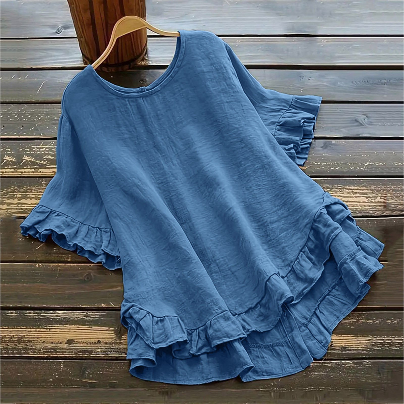 Femmes coton lin hauts et chemisiers à volants garniture à manches courtes Blouse Woamn vêtements solide décontracté col rond Blusas amples