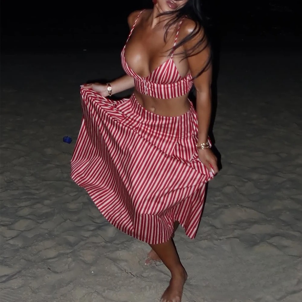 KONDALA Sexy rayé imprimé femmes costumes col en V Corset hauts courts taille haute jupes amples mode 2025 été plage Style ensembles