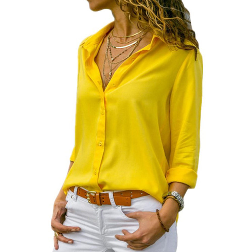Femmes jaune en mousseline de soie Blouse Sexy automne à manches longues bouton asymétrique chemise femme vêtements de travail chemise Blouse surdimensionné ARJ-196Y