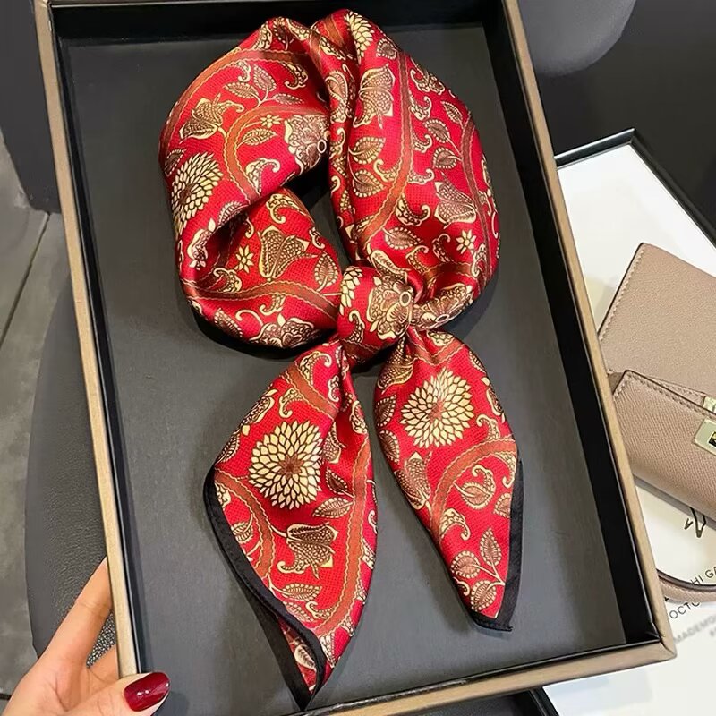 Écharpe 100% soie avec imprimé Paisley, bandana carré pour femme, écharpe rouge rétro classique, bandeau, petit châle, ceinture de taille