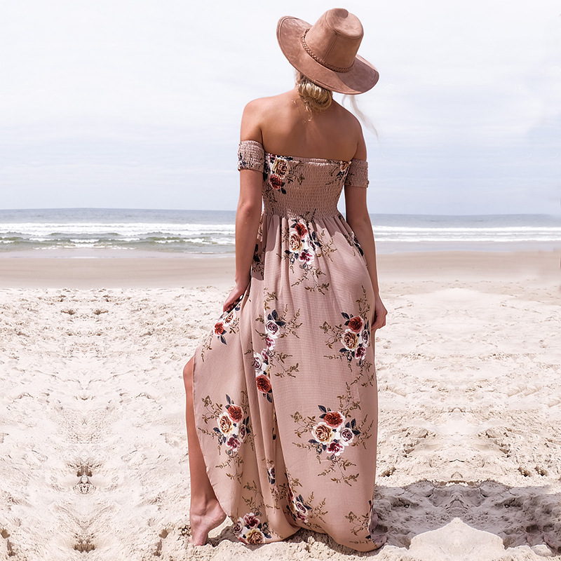 Boho style robe longue femmes épaules dénudées plage robes d'été imprimé fleuri Vintage en mousseline de soie blanc robe maxi vestidos de festa