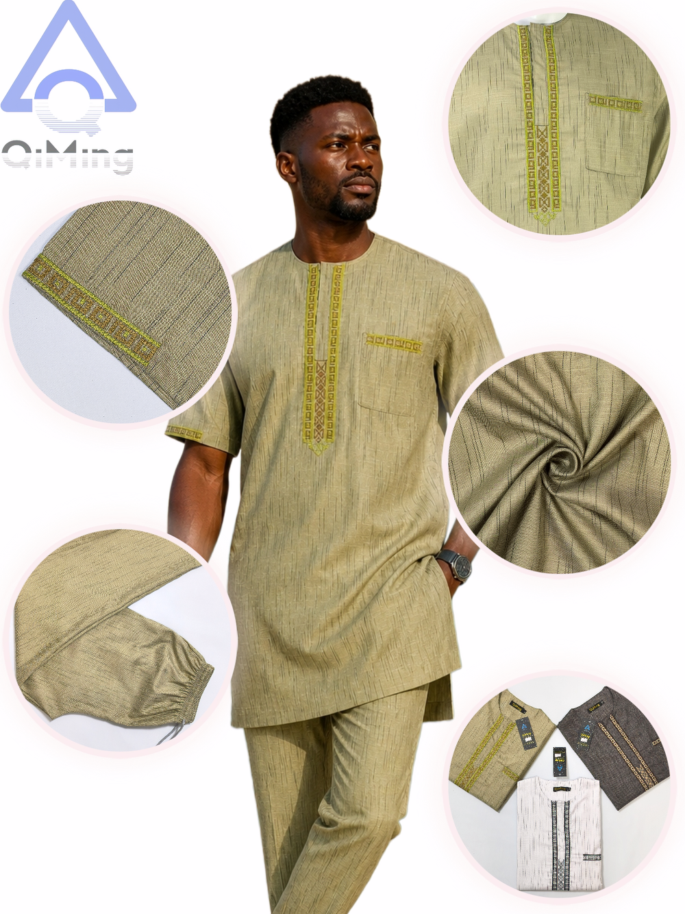 Vêtements de mariage musulmans pour hommes QiMing, ensemble deux pièces en coton blanc, boubou brodé et caftan rayé, tenue de prière modeste marocaine