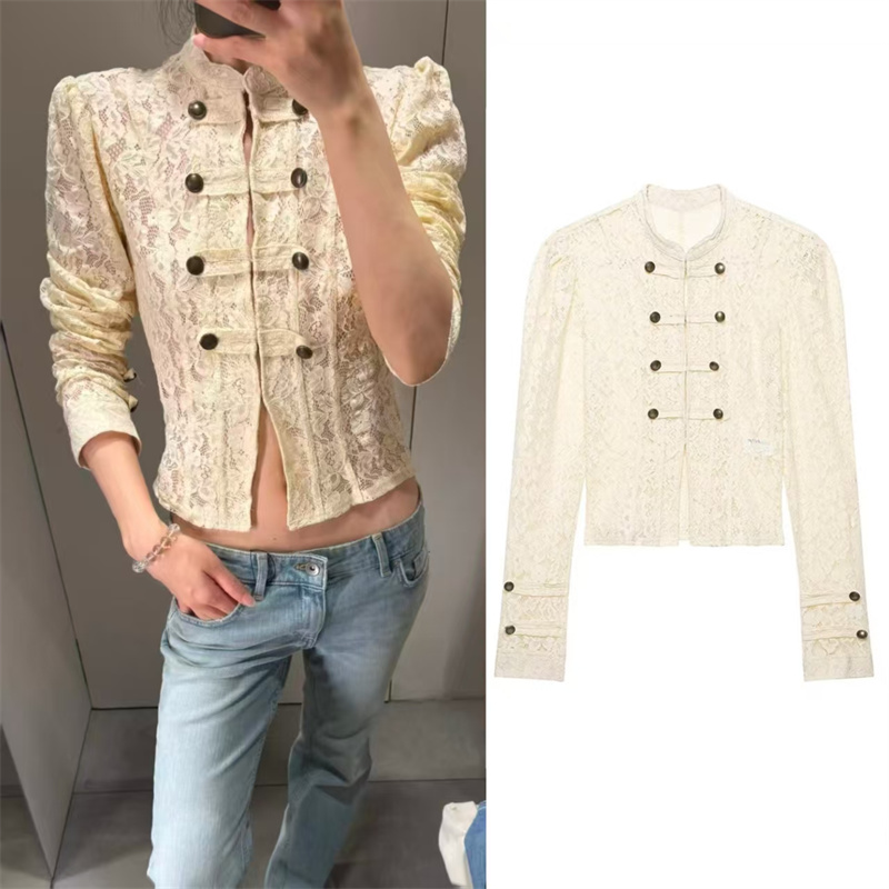 Veste Femme Guobioziy Nouvelle Collection Automne 2026 Jaune Clair Manches Longues Dentelle Boutons Décoratifs Coupe Slim Élégante