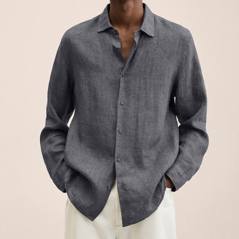 Chemise à manches longues en lin et coton pour hommes, coupe décontractée, col boutonné, respirante, couleur unie, hauts d'été pour hommes