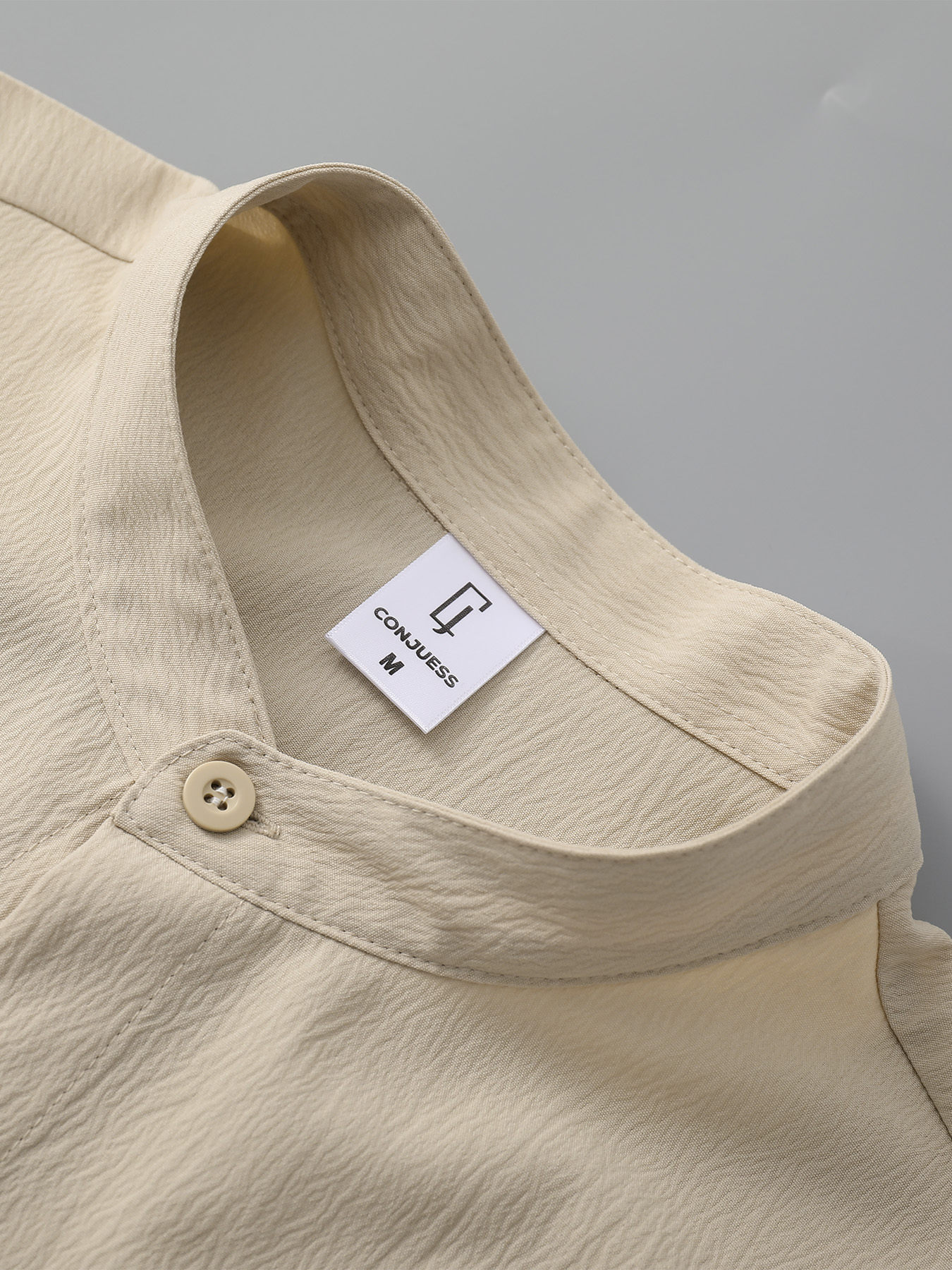 Chemise d'été décontractée et élégante pour homme, kaki texturée, à col montant et manches courtes, coupe ample