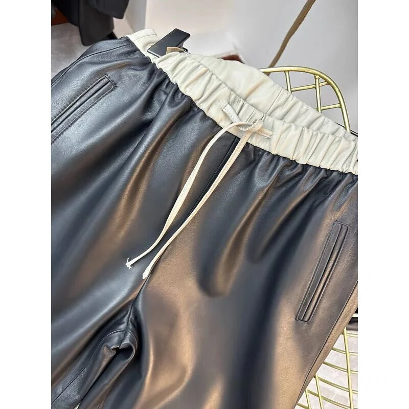 Pantalon classique en cuir véritable pour femme, droit, trempé de pipeline, plus grand, jambes longues, streetwear décontracté, taille élastique