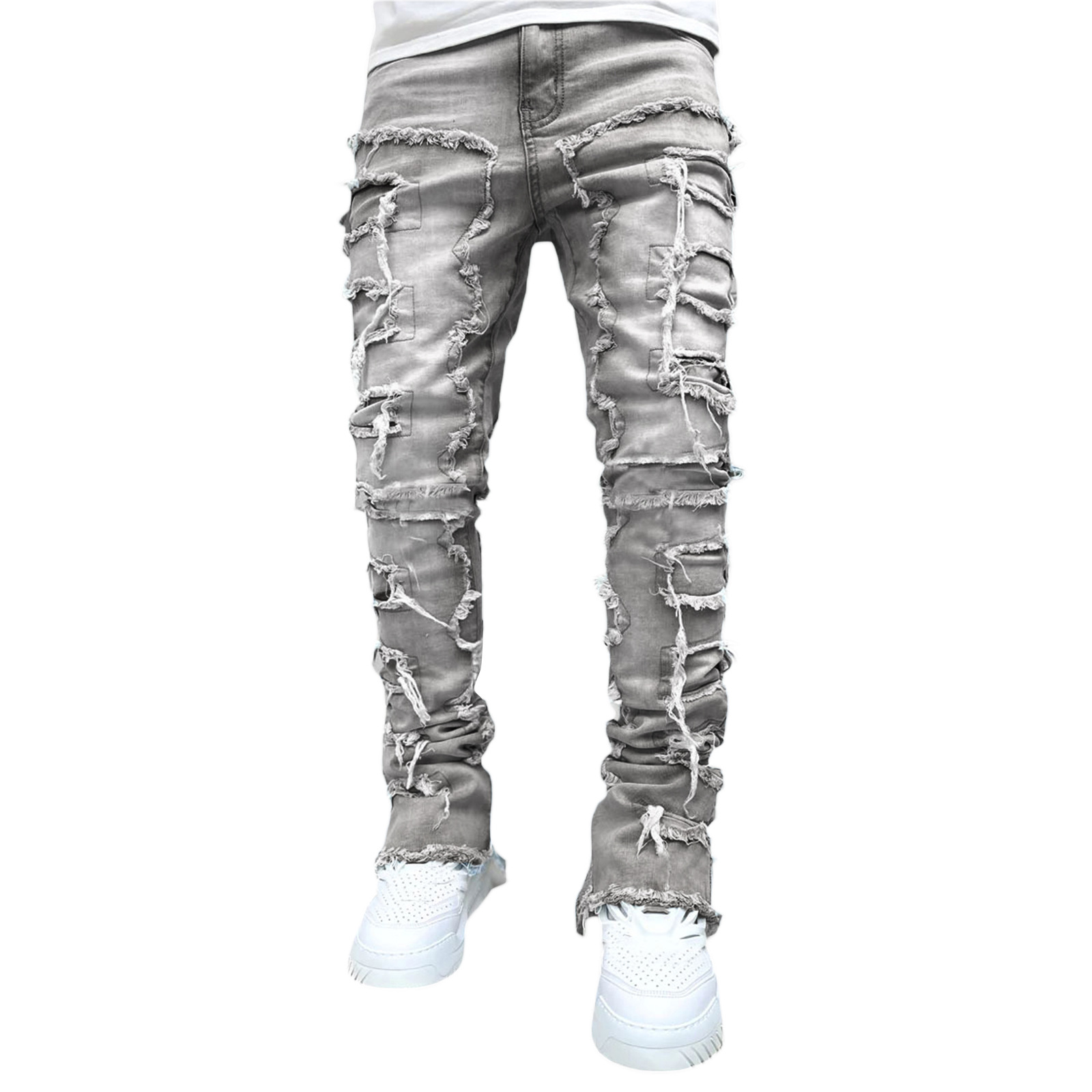 Viser de travail jeans de la nouvelle mode pour hommes, pantalons évasés en couches de denim de patchwork élastique de vêtements de travail de mode européenne et américaine S-XXL