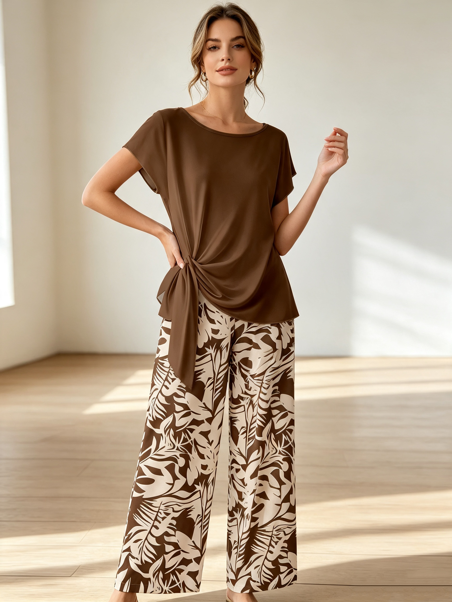 Ensemble deux pièces grande taille d'été, haut à manches courtes couleur café avec imprimé de plantes tropicales et pantalon à jambes larges pour femmes