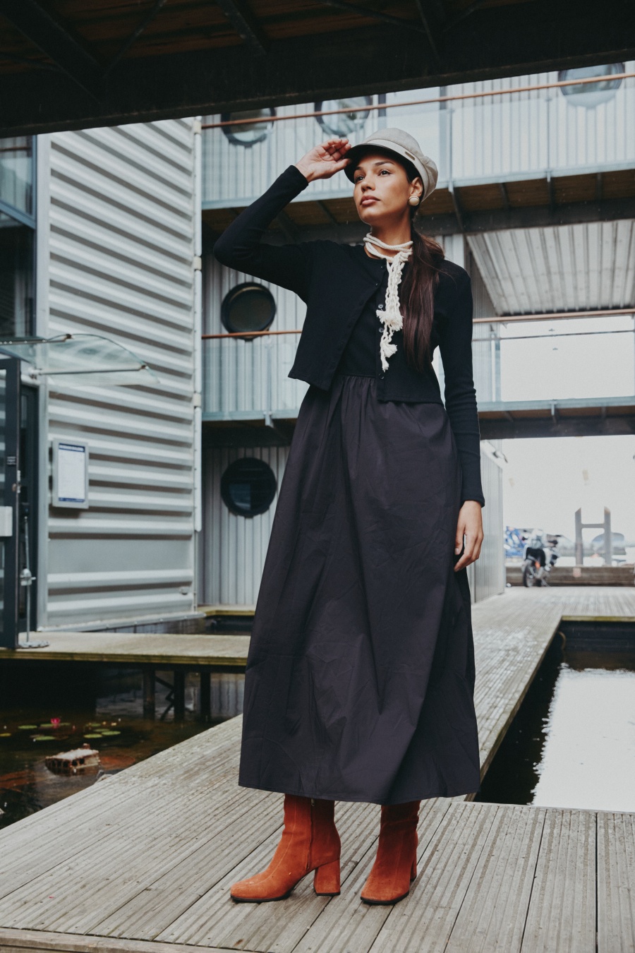 AS AW25 robe Patchwork col rond haut côtelé + jupe + cardigan vêtements femme