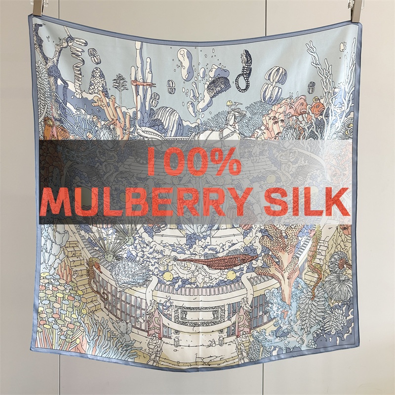Foulard en twill de soie de mûrier 100% 90x90cm, imprimé Palais Sous-Marin Fantaisie, bord roulé à la main, accessoire de mode féminin pour le cou, la tête ou la poche
