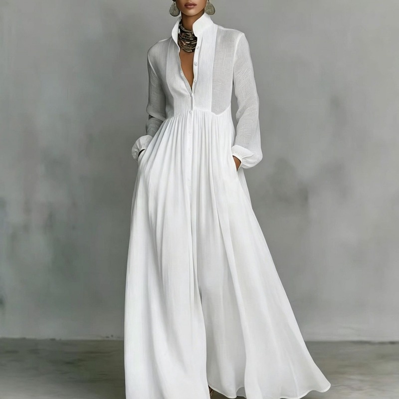 Robe plissée rétro française pour femmes, manches longues, taille cintrée, robe midi élégante, décontractée, pour les vacances à la plage, mode féminine