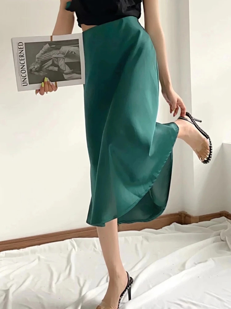 Jupe trapèze en satin pour femmes, taille élastique, couleur unie, slim, été, offre spéciale