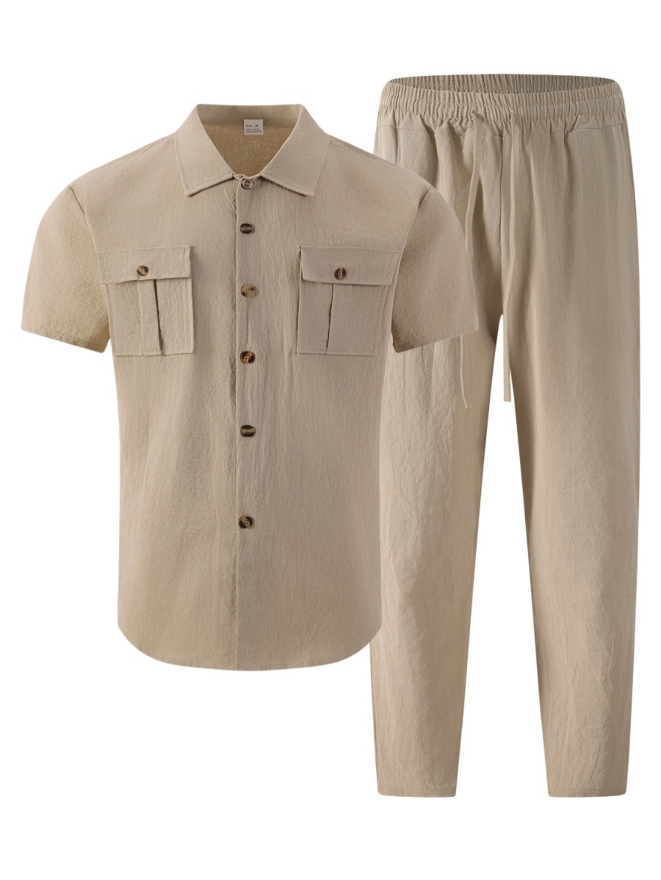 Ensemble chemise et pantalon en coton et lin pour homme, manches courtes, col rabattu, double poche, style décontracté streetwear