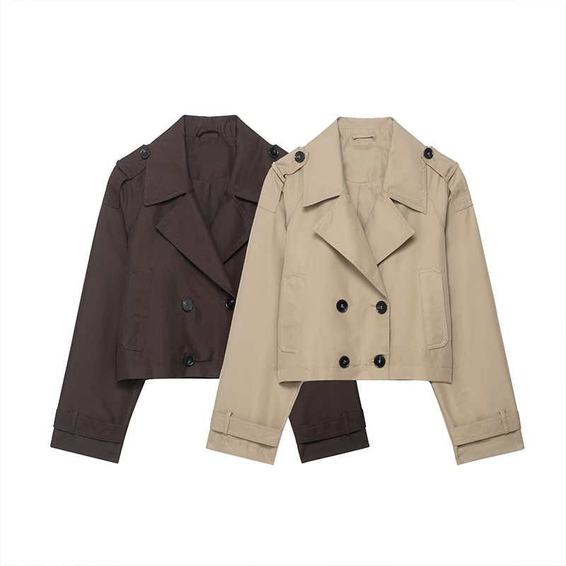Trench-Coat court à Double boutonnage pour femmes, col rabattu, manches longues, manteaux Vintage, vêtements d'extérieur chics