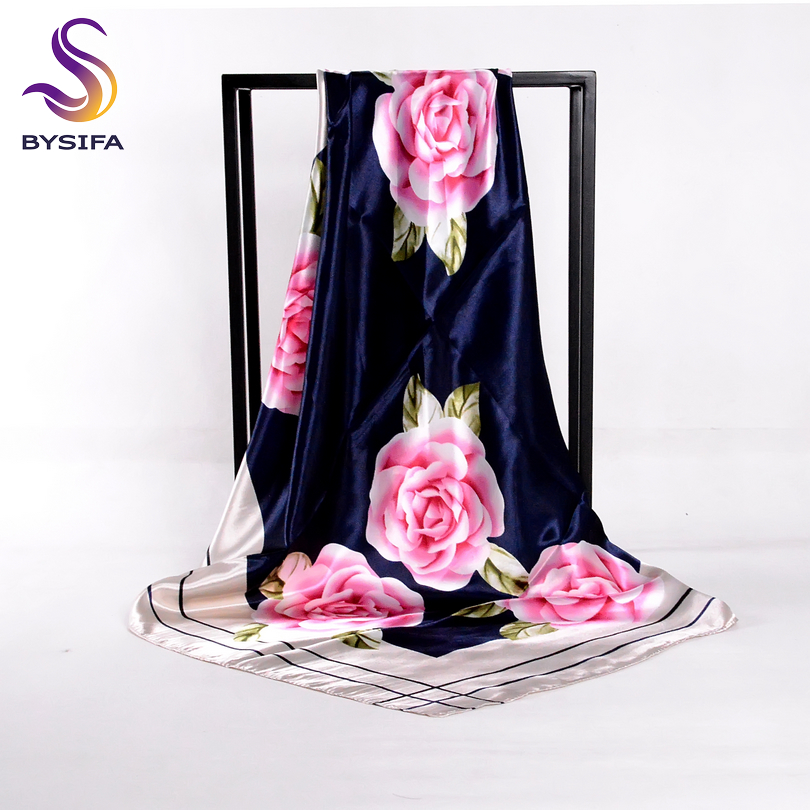 BYSIFA – écharpe en Satin de soie rose pivoine chinoise pour femmes, Cape, bleu marine, élégante pour le cou et la tête, printemps automne, 2017