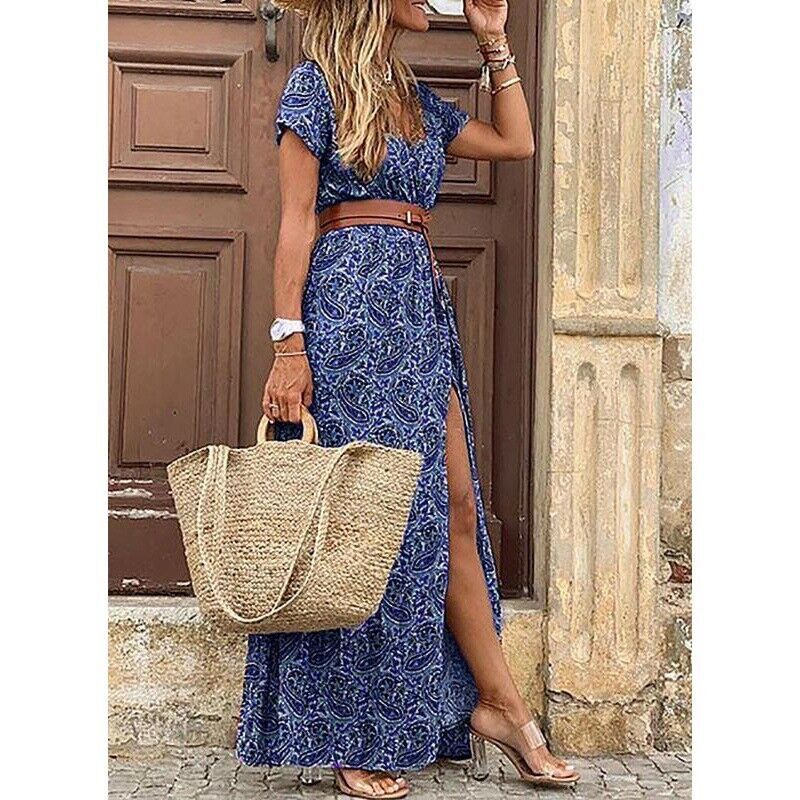 Robe mi-longue plissée florale en forme de H pour femmes, col en V, manches bouffantes, taille froncée, robes boutonnées, robe d'été élégante