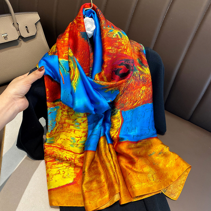 Van Gogh – écharpe en soie pour femmes, marque de luxe, imprimé tournesol, châle, Femme, plage, protection solaire, longue écharpe Hijab, été