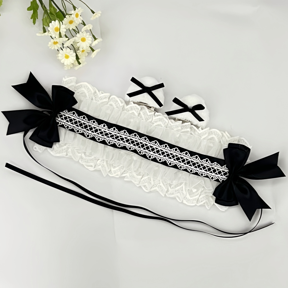 Anime peluche bête oreilles Lolita dentelle bandeau dentelle arc pince à cheveux ​ Coiffe de cosplay de femme de chambre à nœud doux