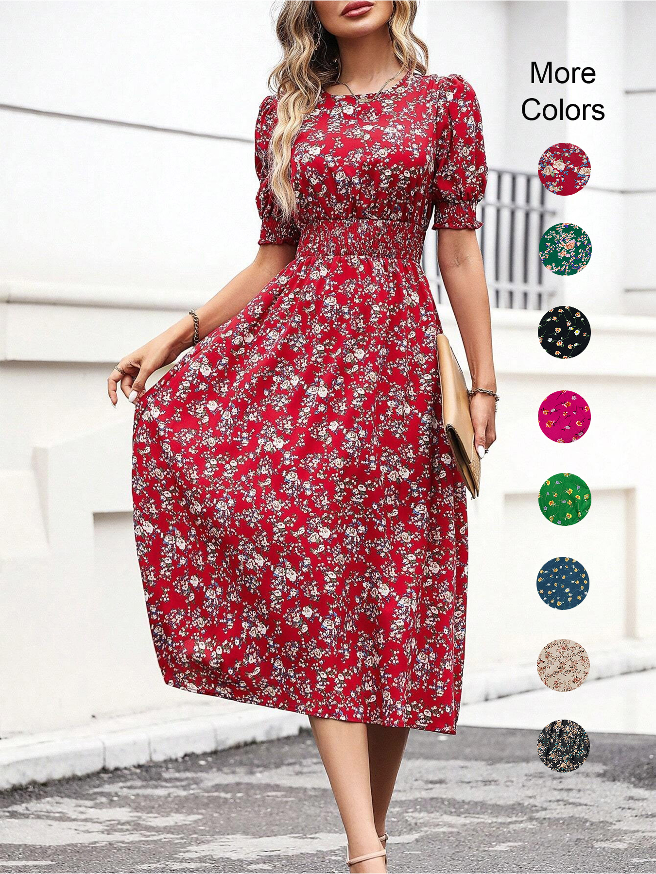 Robe à manches bouffantes à imprimé floral pour femmes, col rond, design à nouer à la taille, style bohème, tissu tissé, portable toute l'année
