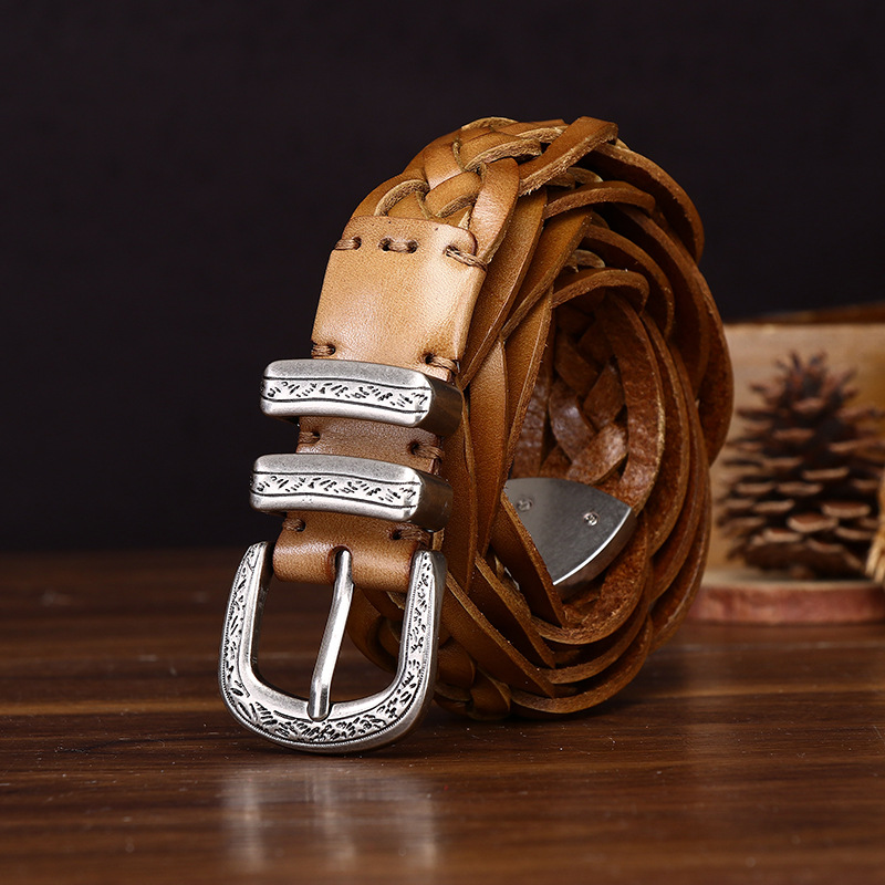 Ceinture tissée en cuir de vache pour hommes, nouvelle couche supérieure de 3.2cm, niche de personnalité rétro, ceinture décontractée