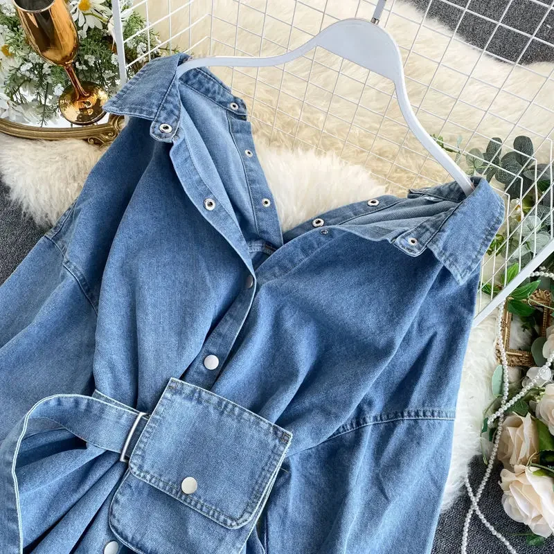 Chemises en jean pour femmes, chemisier lavé, vêtements d'extérieur, vestes, sangle, sac de taille, revers, simple boutonnage, Streetwear, surchemise, 2025