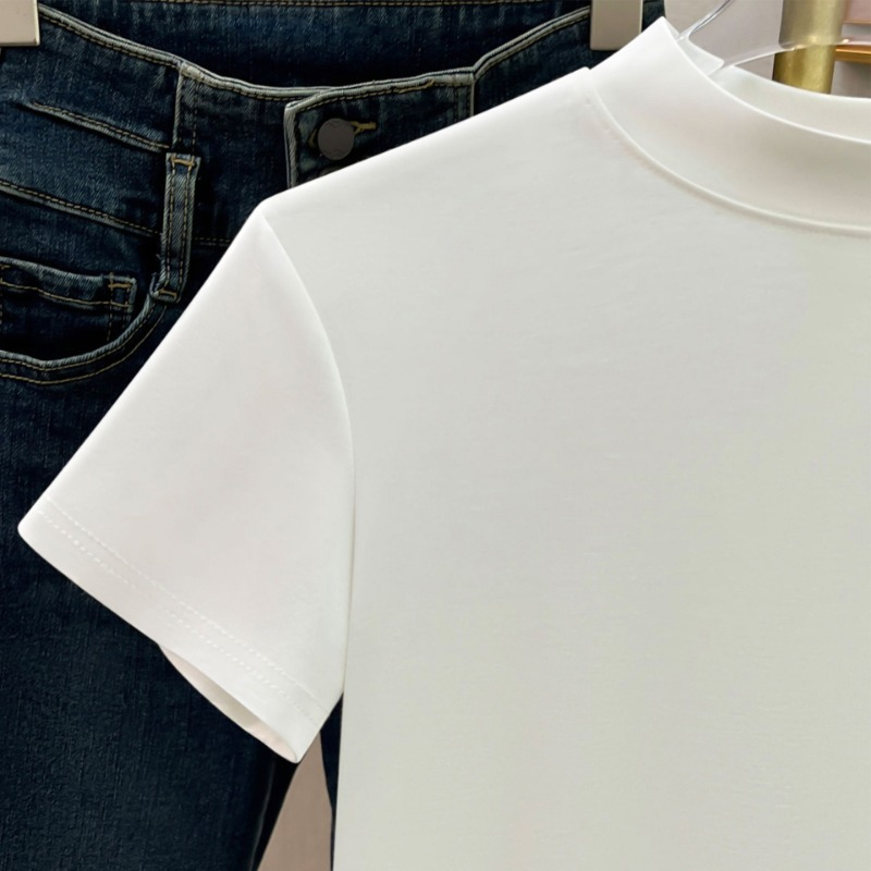T-shirt manches courtes femme, décontracté, couleur unie, Slim Fit, élégant, basique, col mi-haut, Simple, été