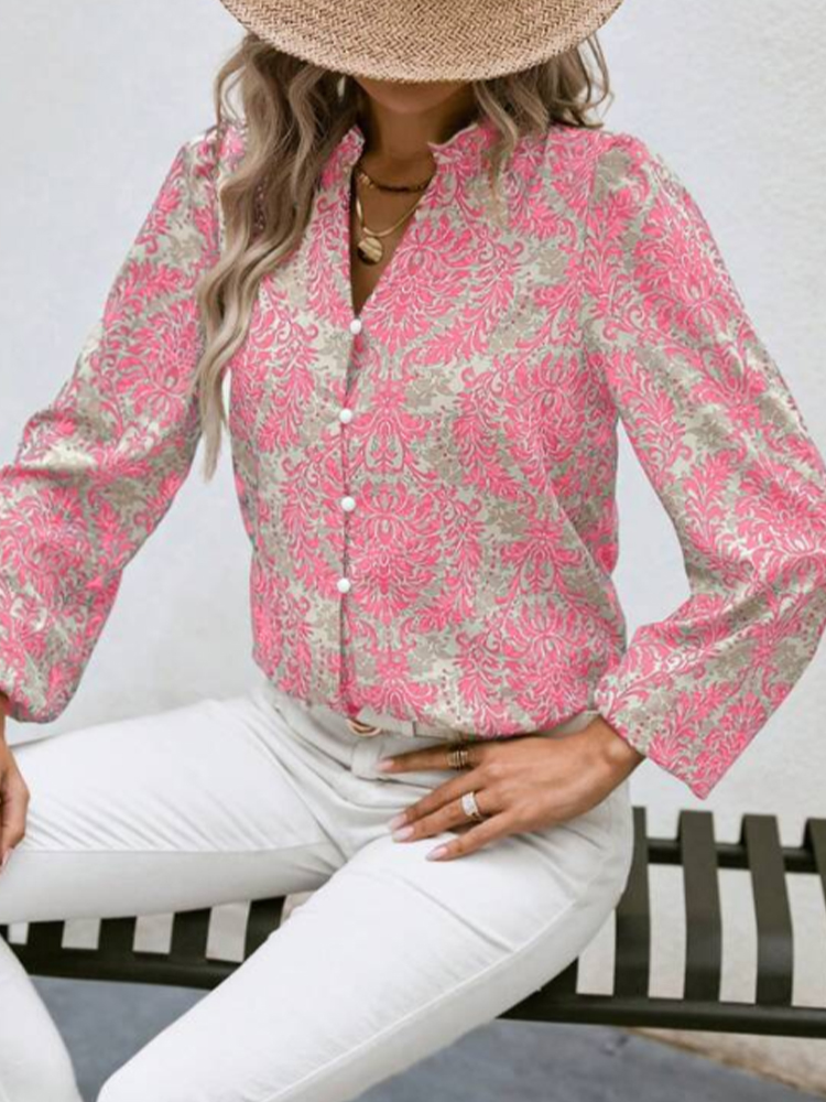 Chemise à manches longues pour femmes, col en v, manches lanternes plissées ornées, imprimé complet, boutonné, pour l'été et l'automne