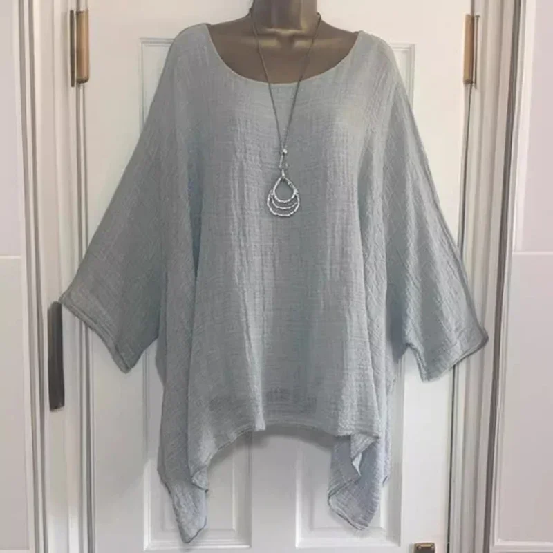 2024 femmes t-shirts grande taille 5XL T-Shirt lin col rond décontracté chemise ample été automne nouveau solide chauve-souris à manches longues
