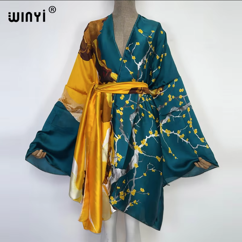 WINYI Kimono de défilé pour femme, imprimé, à ourlet bouffant, manteau, cardigan à manches longues, abaya, vêtement de plage de luxe de Dubaï, robe bohème, caftan