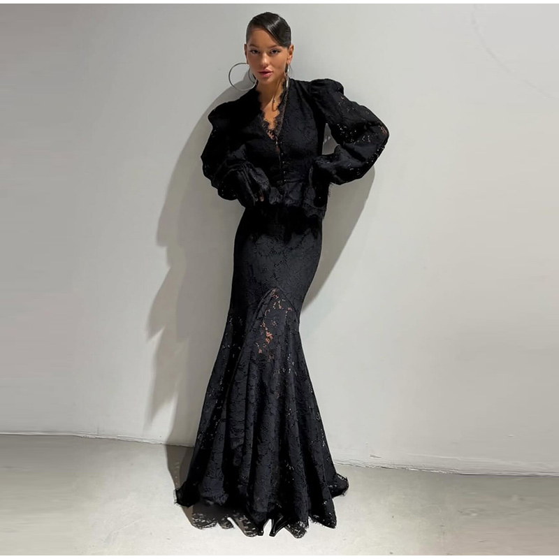 Ensemble 2 pièces élégant pour femme : haut court à manches longues bouffantes et col en V en dentelle, jupe longue sirène – Tenue de soirée 2026 Nouveauté
