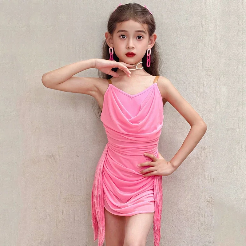 Robe de danse latine pour enfants, col licou, Costume pour filles, Chacha Samba Rumba, jupe à franges, vêtements de danse pour spectacle sur scène