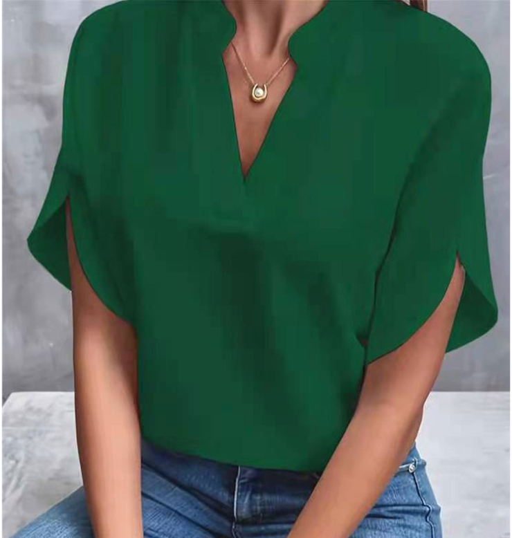 Chemisier Élégant à Manches Courtes et Col en V pour Femme, Chemise Décontractée, Couleur Unie, Bureau, Été