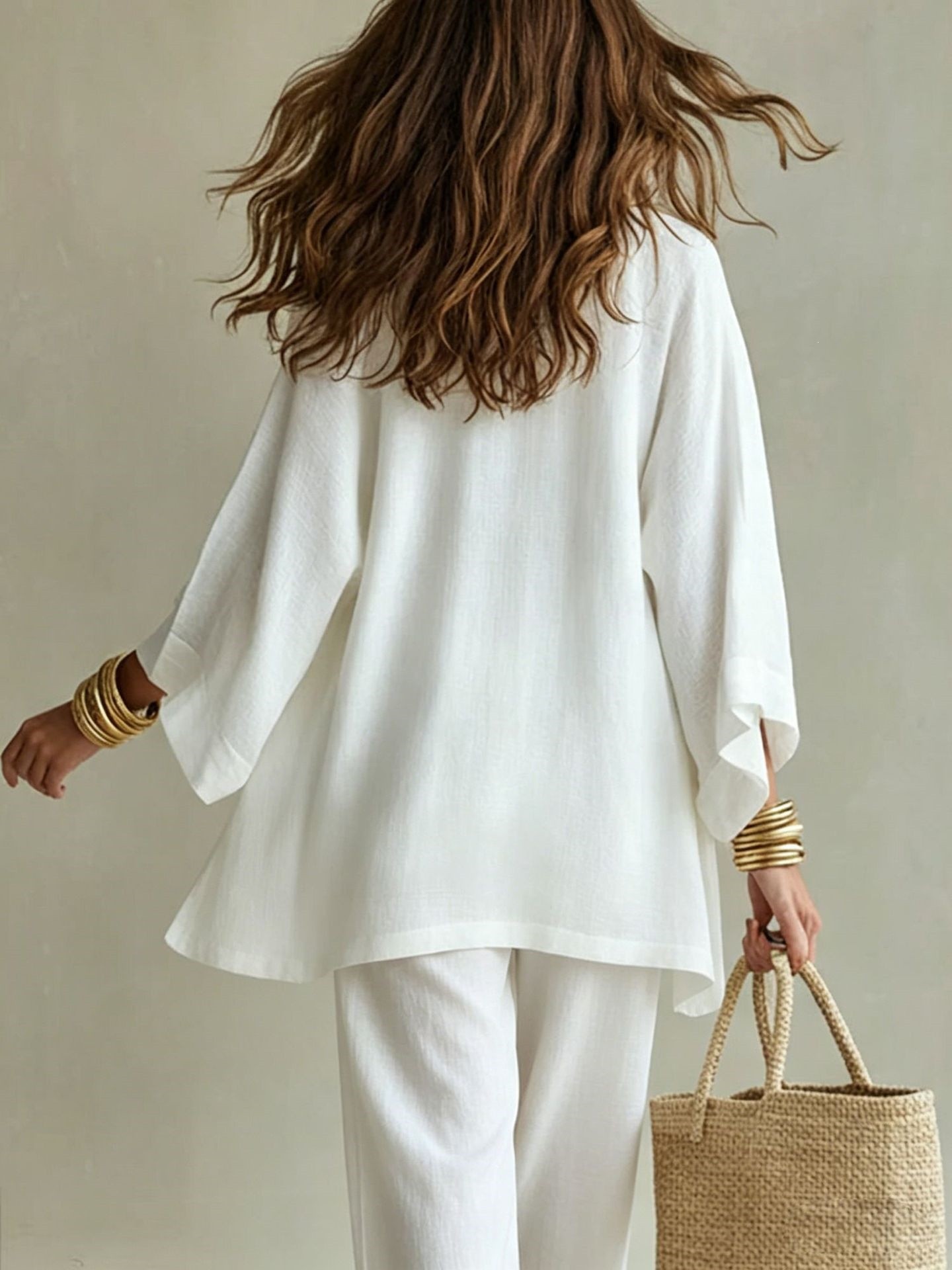 Ensemble 3 pièces pour femme, cardigan kimono, débardeur à col en V, pantalon large, costume léger et ample pour les vacances, les trajets quotidiens